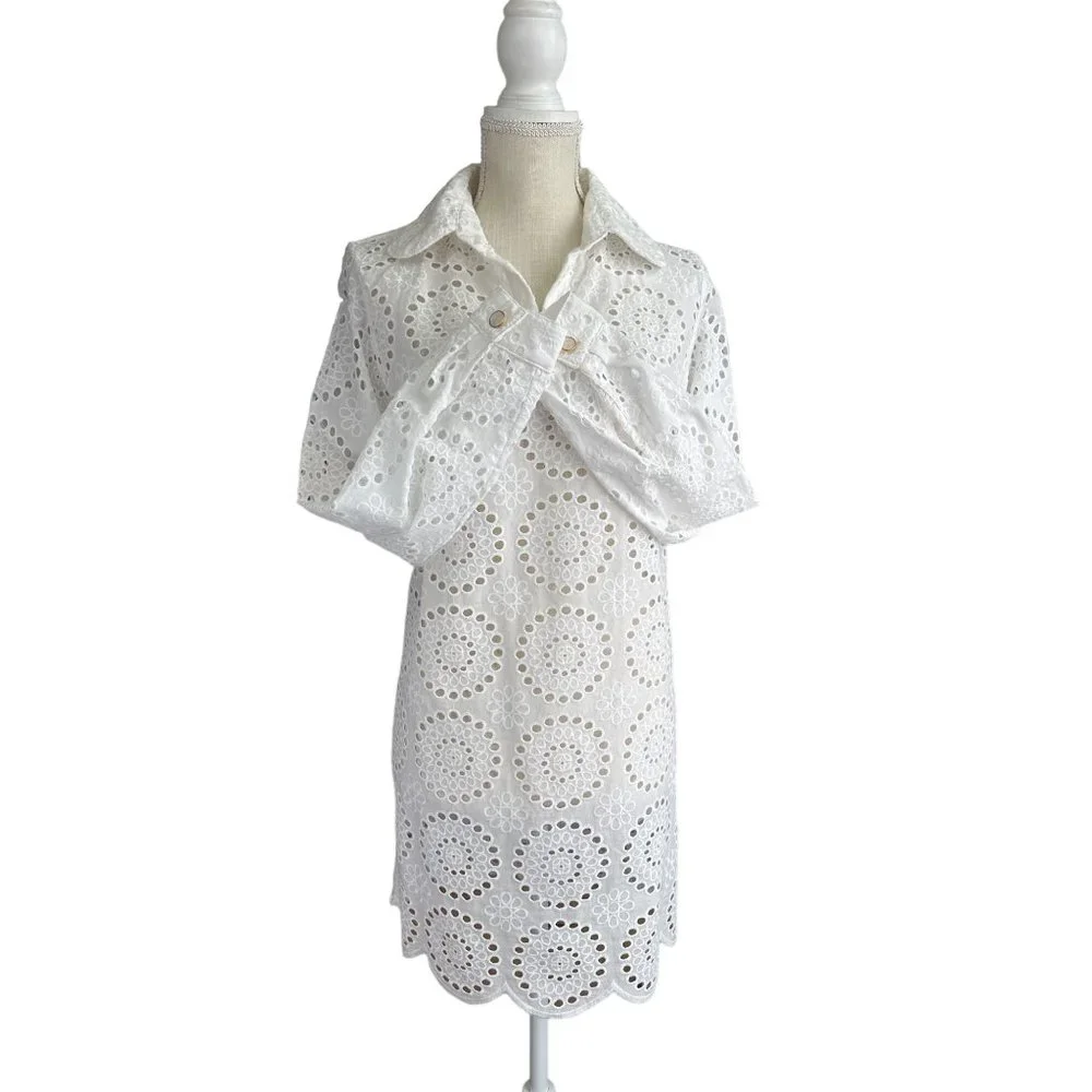 Cartolina Nantucket Beach Coverup Womens Large White Eyelet Dress Collared Pool_9